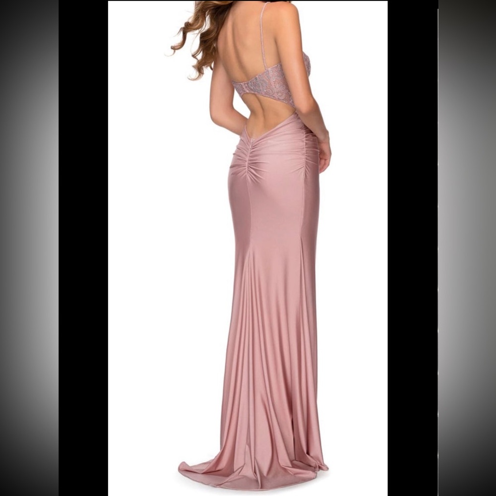 La Femme Lace & Jersey Trumpet Gown In Mauve